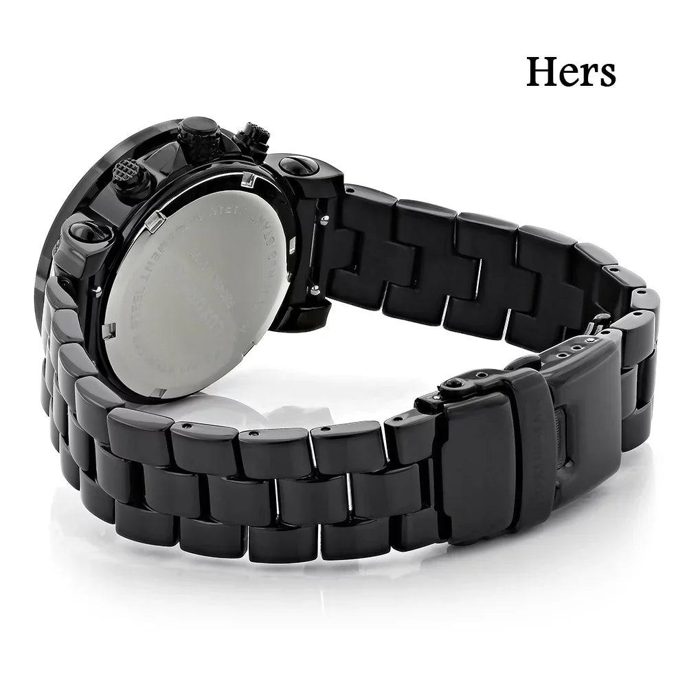 Diamond 5.15ct Hers Black Matching Watches: Set His Watch Large and