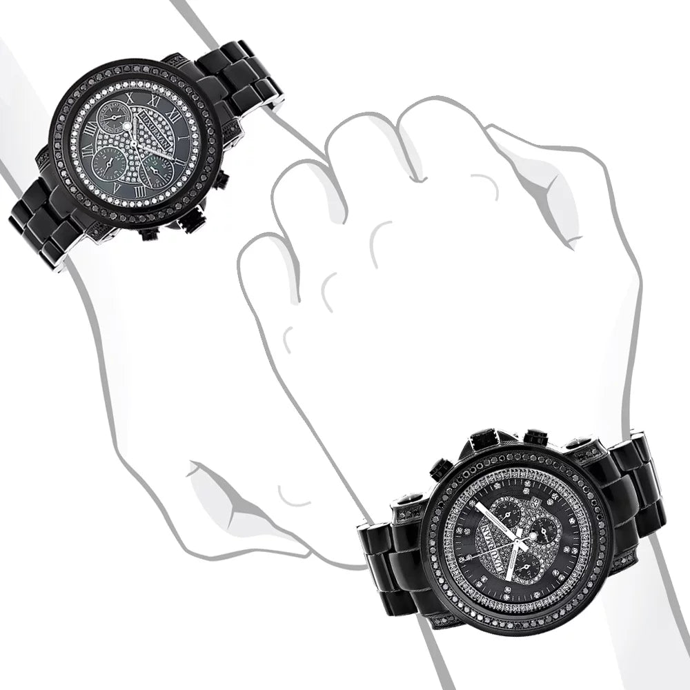 Diamond 5.15ct Hers Black Matching Watches: Set His Watch Large and