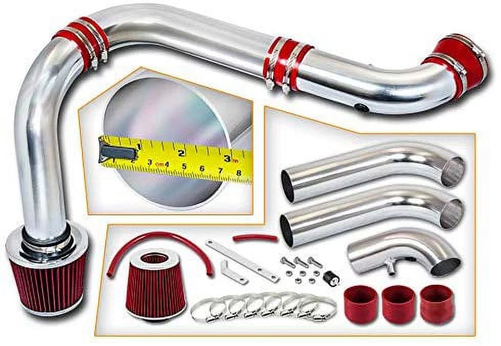 Combo + Air Compatible 1500 Dodge Rtunes Filter Cold For Kit (3piece) Intake Ram 02-08 RED 3.7L/4.7L Racing