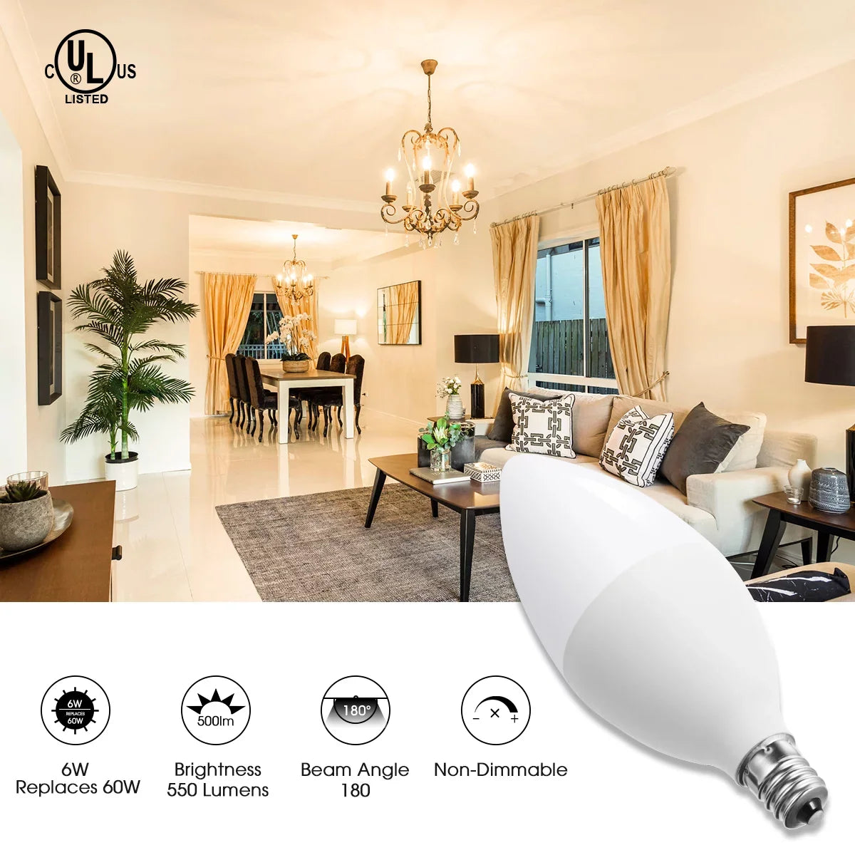 5000K, Watts), Dimmable, LED E12 Candelabra 60W Dimmable, Chandelier, White Bulbs, 550LM, for Equivalent(6 Ceiling Pack 12 Daylight Fan, Light