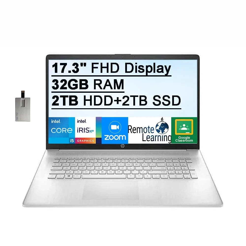 Intel Iris Audio, SSD, 17.3" Backlit Laptop HD Keyboard, Xe Core Intel RAM, Graphics, HDD+ HD Win11, 2TB Processor, 32GB 2TB FHD Nits Webcam, 32GB HP 2021 Silver, Computer, IPS USB Card i5-1155G7 250