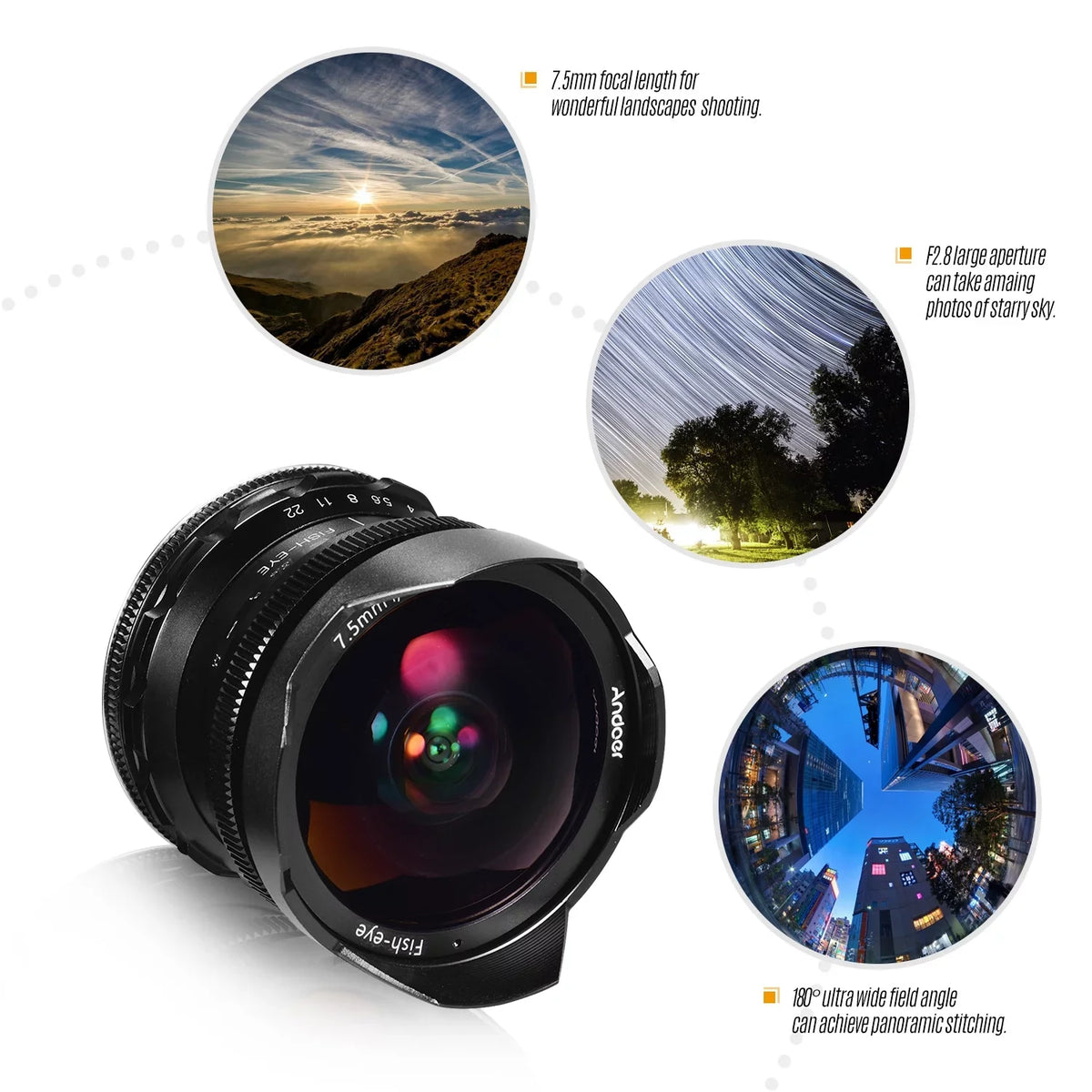 E-Mount F2.8 Fisheye A6400 180° APS-C Andoer Andoer Frame A6300 Angle A6600 Compatible 7.5mm with Lens A6500 A6100 Wide Camera 5100 Lens Focus Aperture A77II Ultra A6000 Large Manual