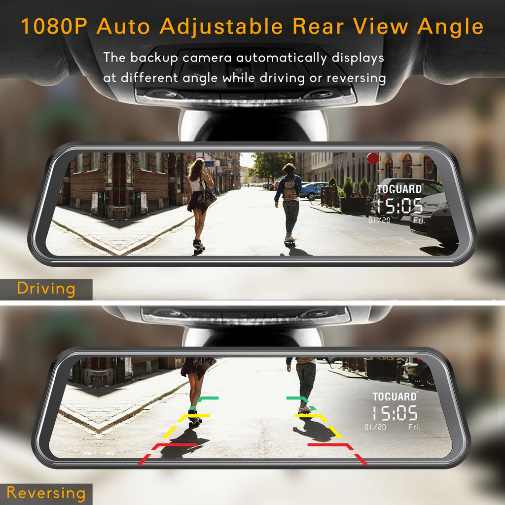 TOGUARD Cars Mirror Camera Dash 10-inch Touch for Rear with Camera IPS Full Waterproof Cam Mirror Backup View 1080P Screen