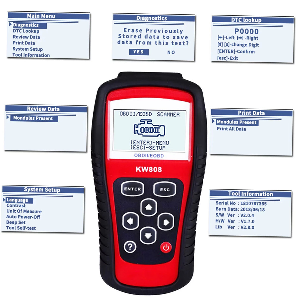 Scanner Auto OBDII/EOBD Moobody for Car and Automotive Detection KW808, Scanner Code Reader
