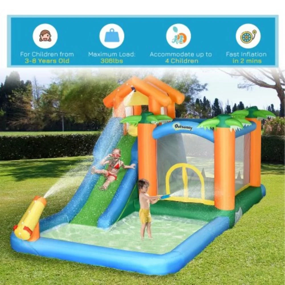 Patches Air 6-in-1 Floating Outsunny Slide Jumping with and Ball Pool Includes Inflatable Bag, liquid 450W Wall Trampoline Climbing Theme Tropical Summer Repair Castle Blower Carry Cannon Slide