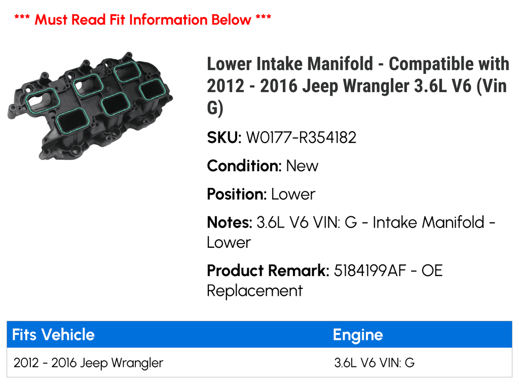 Jeep Wrangler Lower (Vin with 2015 - Manifold V6 2012 Intake 2014 2016 3.6L Compatible G) - 2013
