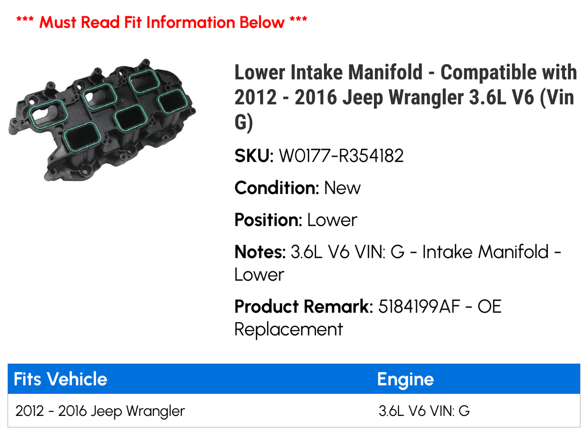 Jeep Wrangler Lower (Vin with 2015 - Manifold V6 2012 Intake 2014 2016 3.6L Compatible G) - 2013