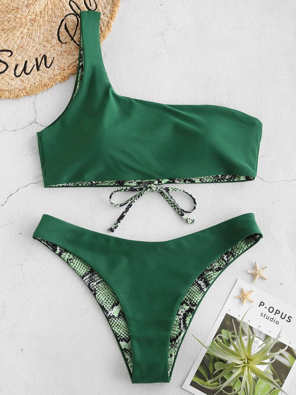 ZAFUL Set Reversible Forest Shoulder Leopard Snakeskin M for Bikini Medium Green Women Swimsuit Print One