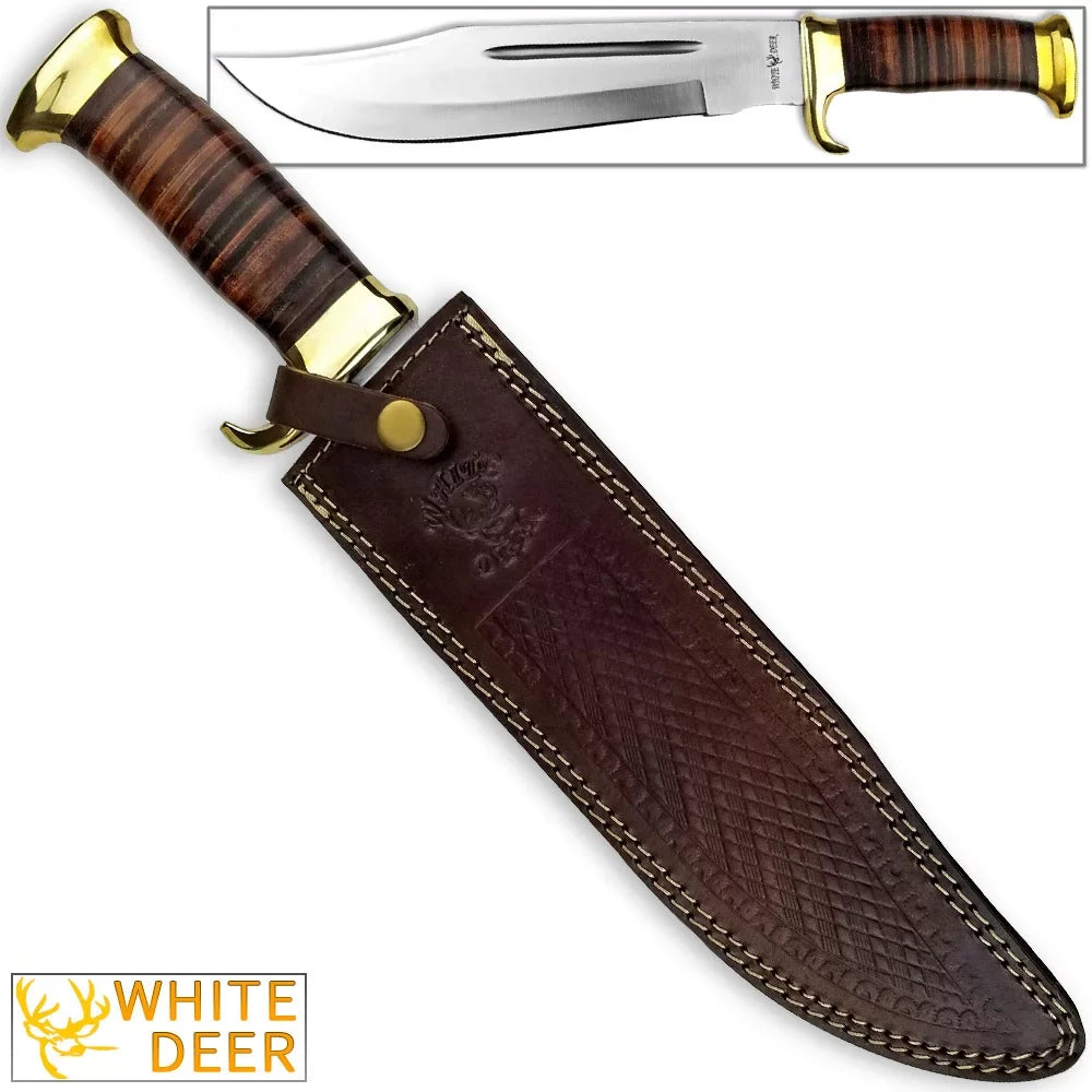 American High Stainless Knife Handle Steel Leather DEER Outback WHITE Bowie MAGNUM w Carbon