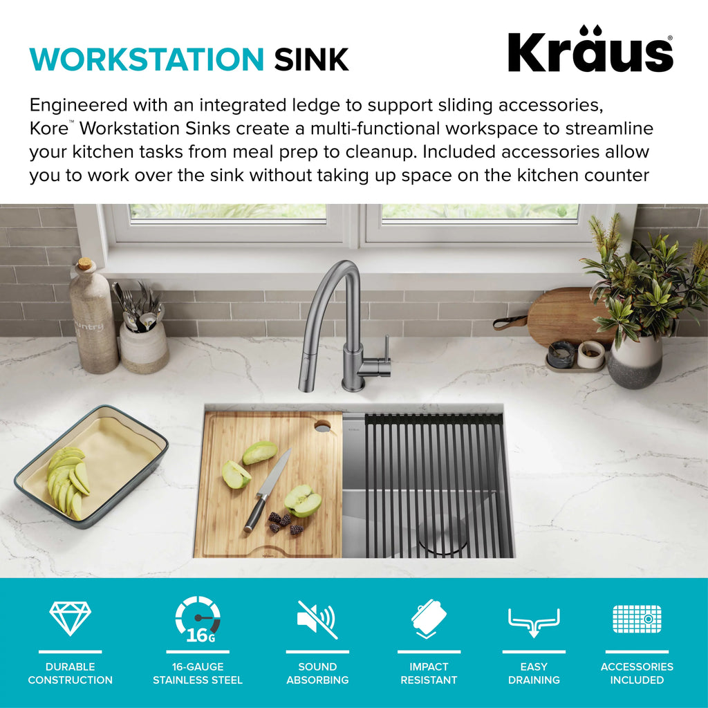 with Gauge 28Undermount Workstation Kore Kitchen Steel Accessories Stainless Single 16 Bowl Sink Kraus