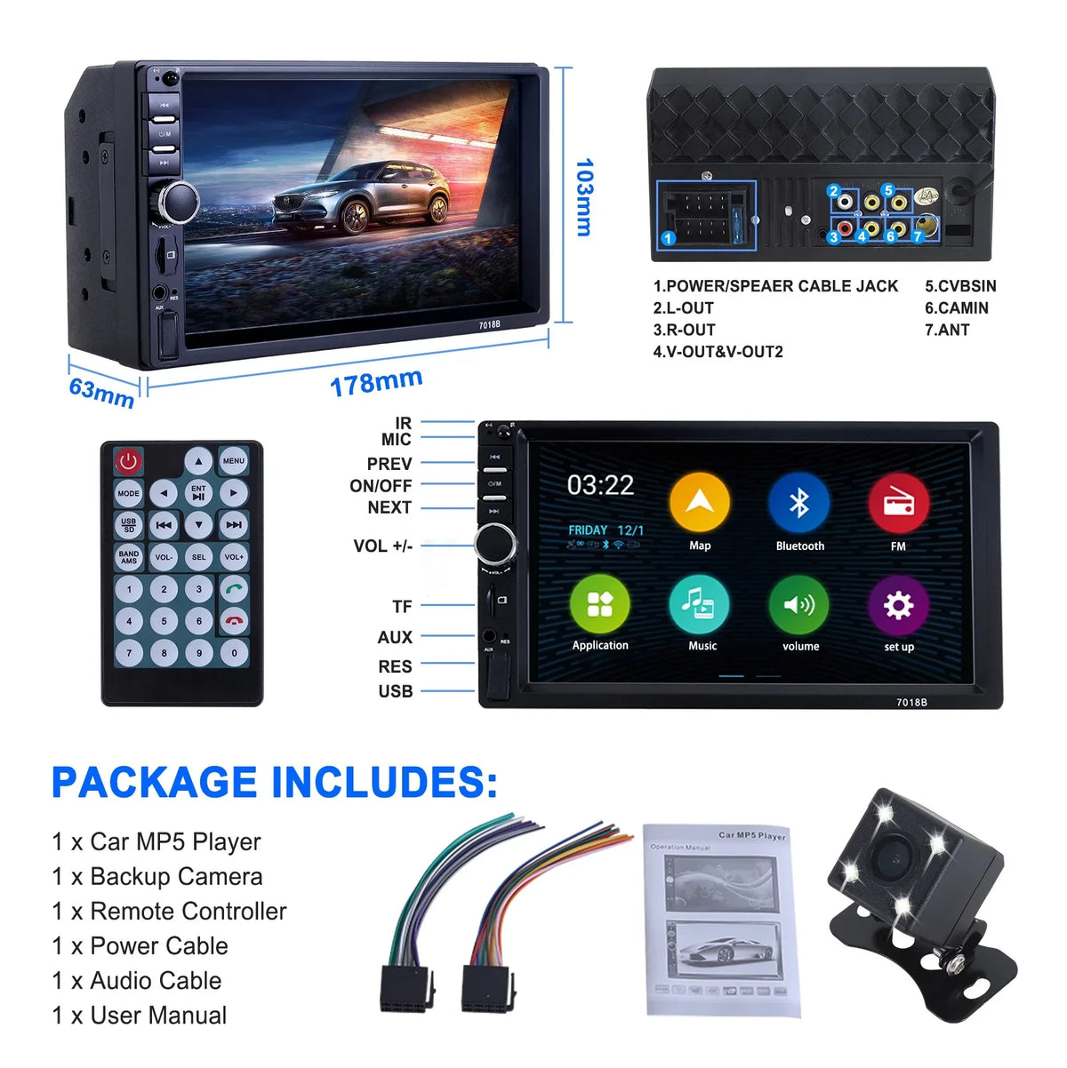 Stereo Mirror Car Din Radio Car Calling Camera Link/USB/SD/AUX, with Car Backup Free Hands Radio Receiver Bluetooth Audio Screen Radio Support 7" Double Touch -
