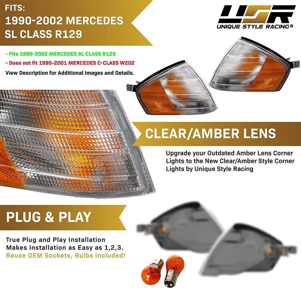 R129 Roadster Benz Replacement 1990-2002 Set Lamps Lens (Left Right) Corner Lights Amber Signal Front SL with Clear Chassis MBZ Class USR / + Frost R129 Compatible - Turn
