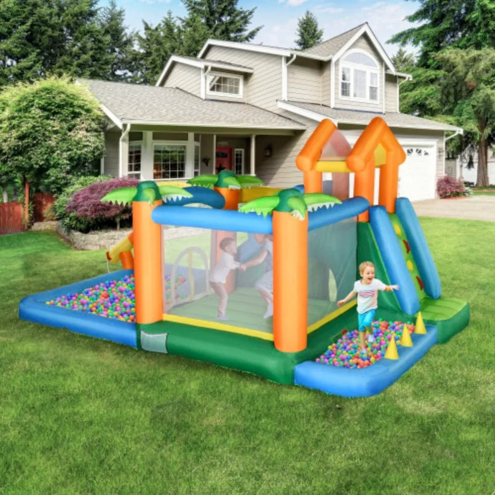 Patches Air 6-in-1 Floating Outsunny Slide Jumping with and Ball Pool Includes Inflatable Bag, liquid 450W Wall Trampoline Climbing Theme Tropical Summer Repair Castle Blower Carry Cannon Slide