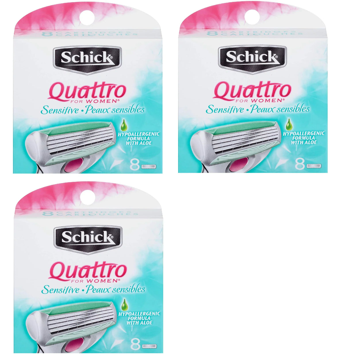 3) for Schick (Pack Aloe Blade Count Sensitive Allergenic Quattro of Cartridges, Women Refill 8 Hypo