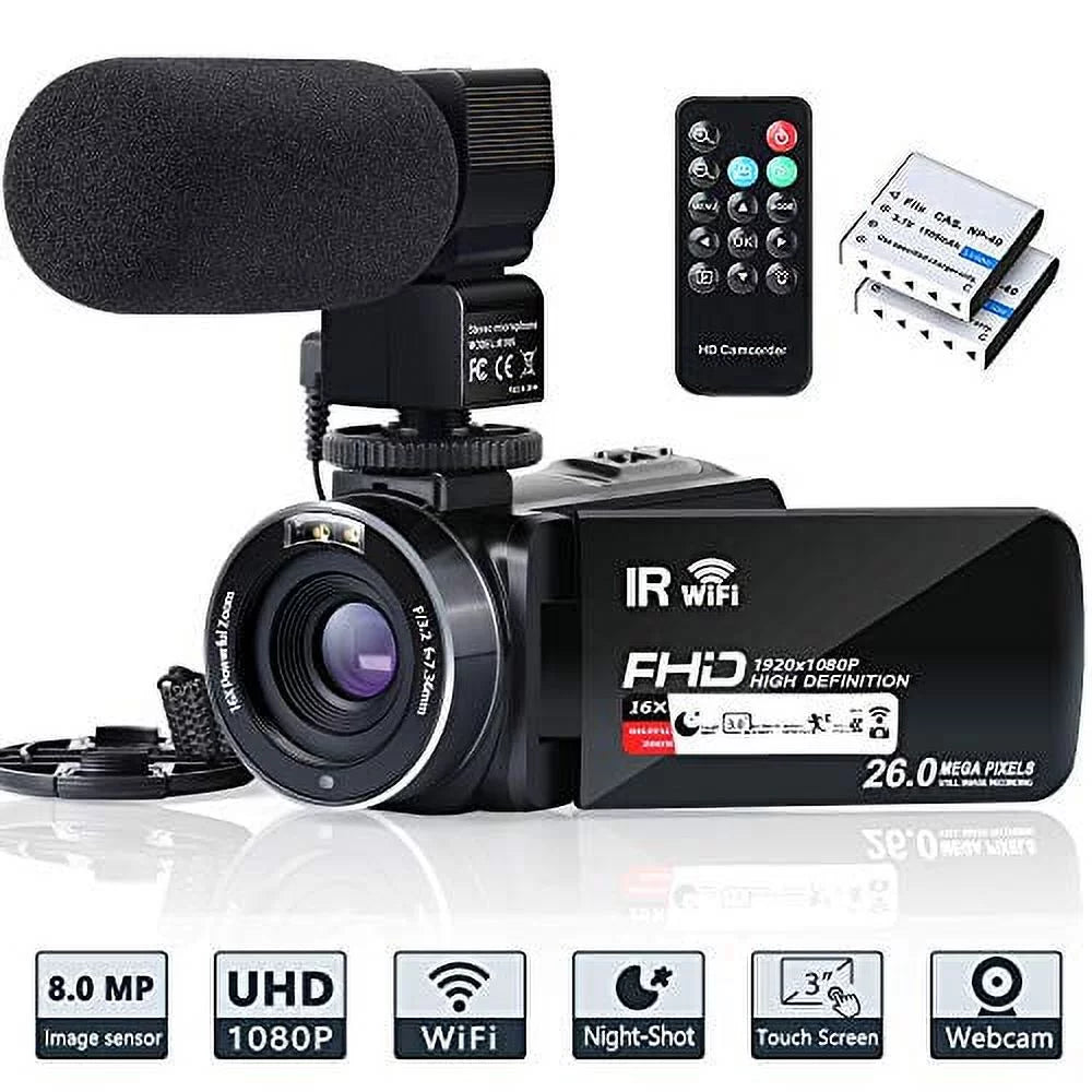 26MP with 1080P Camcorder WiFi Vlogging Batteries 16X Touch Camcorder 3.0'' Microphone,Remote 30FPS Night Camera 2 IR Vision Digital Recorder FHD YouTube Screen Video Camera Zoom and