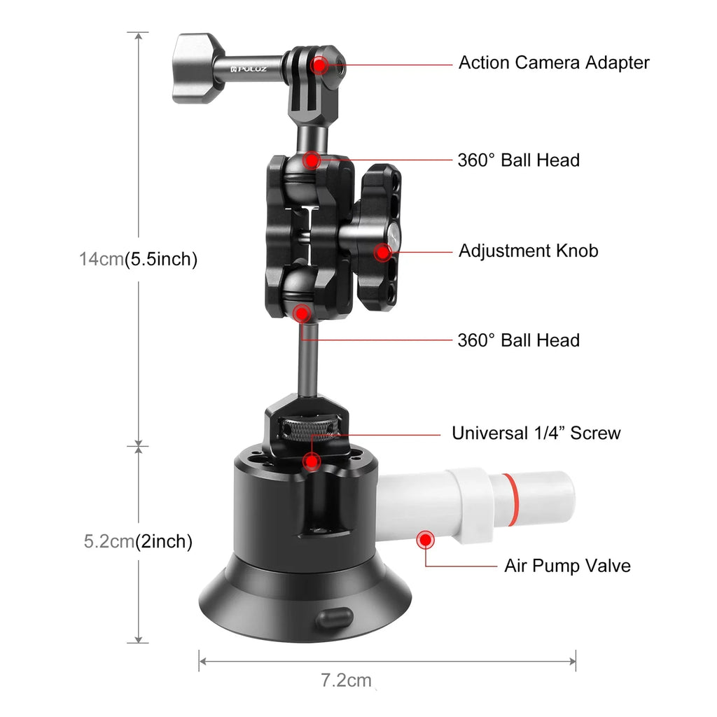Camera for Mount Suction Osmo Camera 11/10/9/8, Rotatable Dual Replacement PU845B Hero 3/2 Mount Ballheads Action Action for Bracket Suction 360° Cup PULUZ GoPro