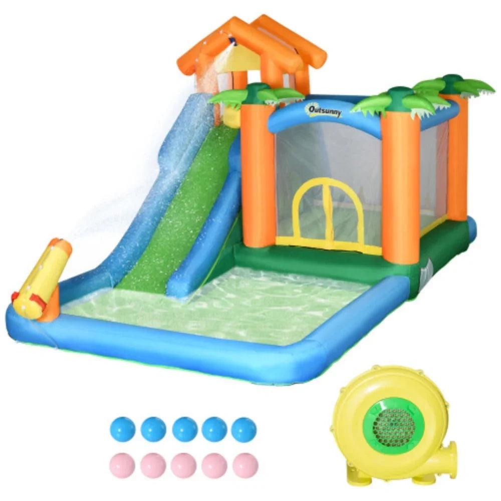 Patches Air 6-in-1 Floating Outsunny Slide Jumping with and Ball Pool Includes Inflatable Bag, liquid 450W Wall Trampoline Climbing Theme Tropical Summer Repair Castle Blower Carry Cannon Slide