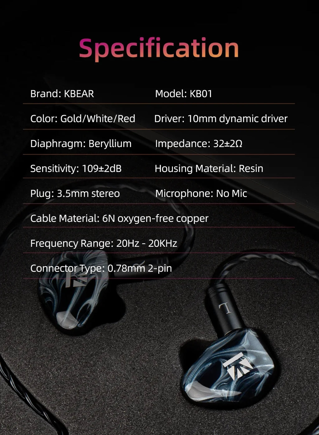 Sport HIFI Earbuds Headphones KB01 Diaphragm Beryllium In Earphone Headset Monitor Wired 10MM Dynamic Ear Music IEM Drvier KBEAR