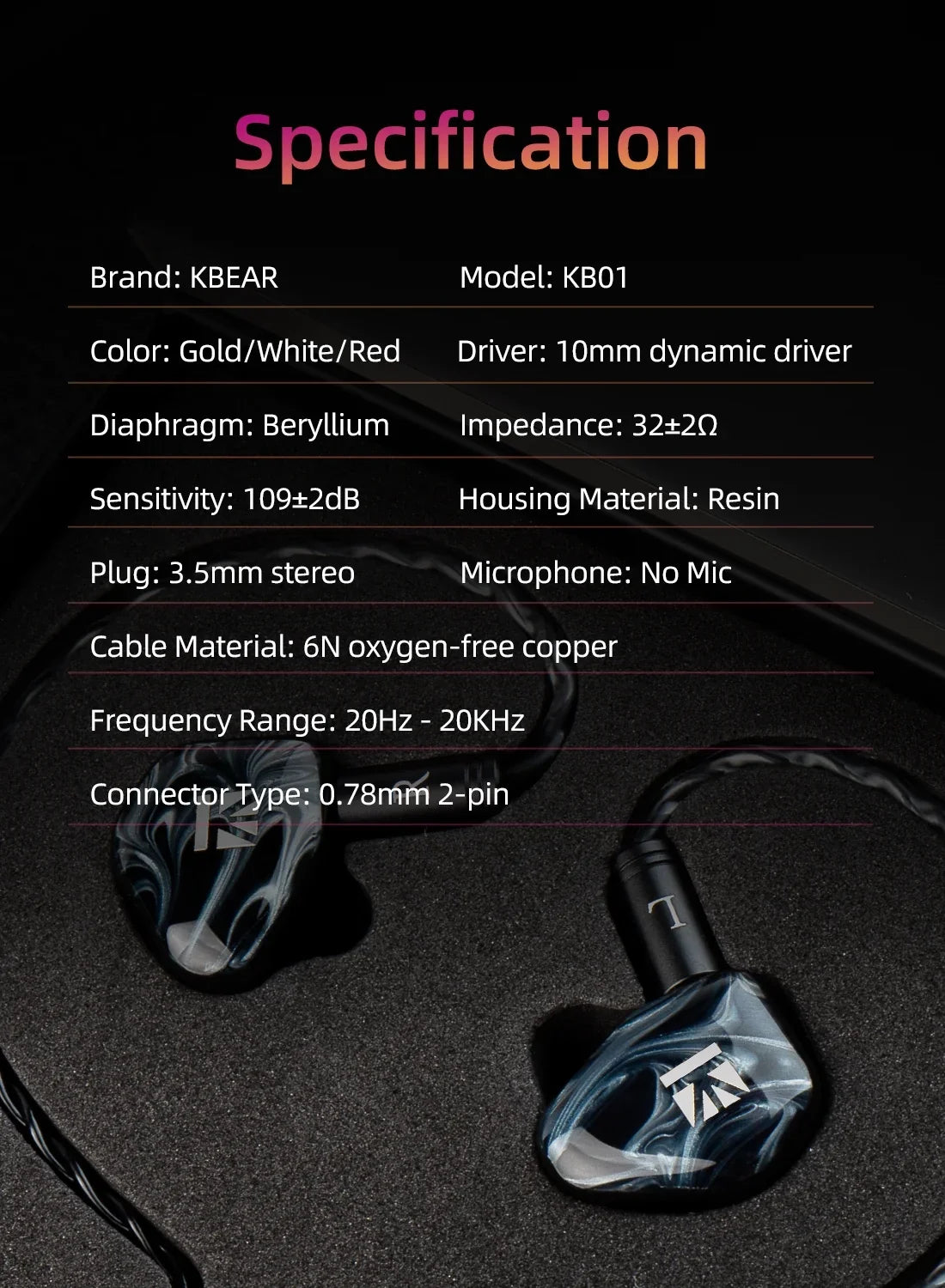 Sport HIFI Earbuds Headphones KB01 Diaphragm Beryllium In Earphone Headset Monitor Wired 10MM Dynamic Ear Music IEM Drvier KBEAR