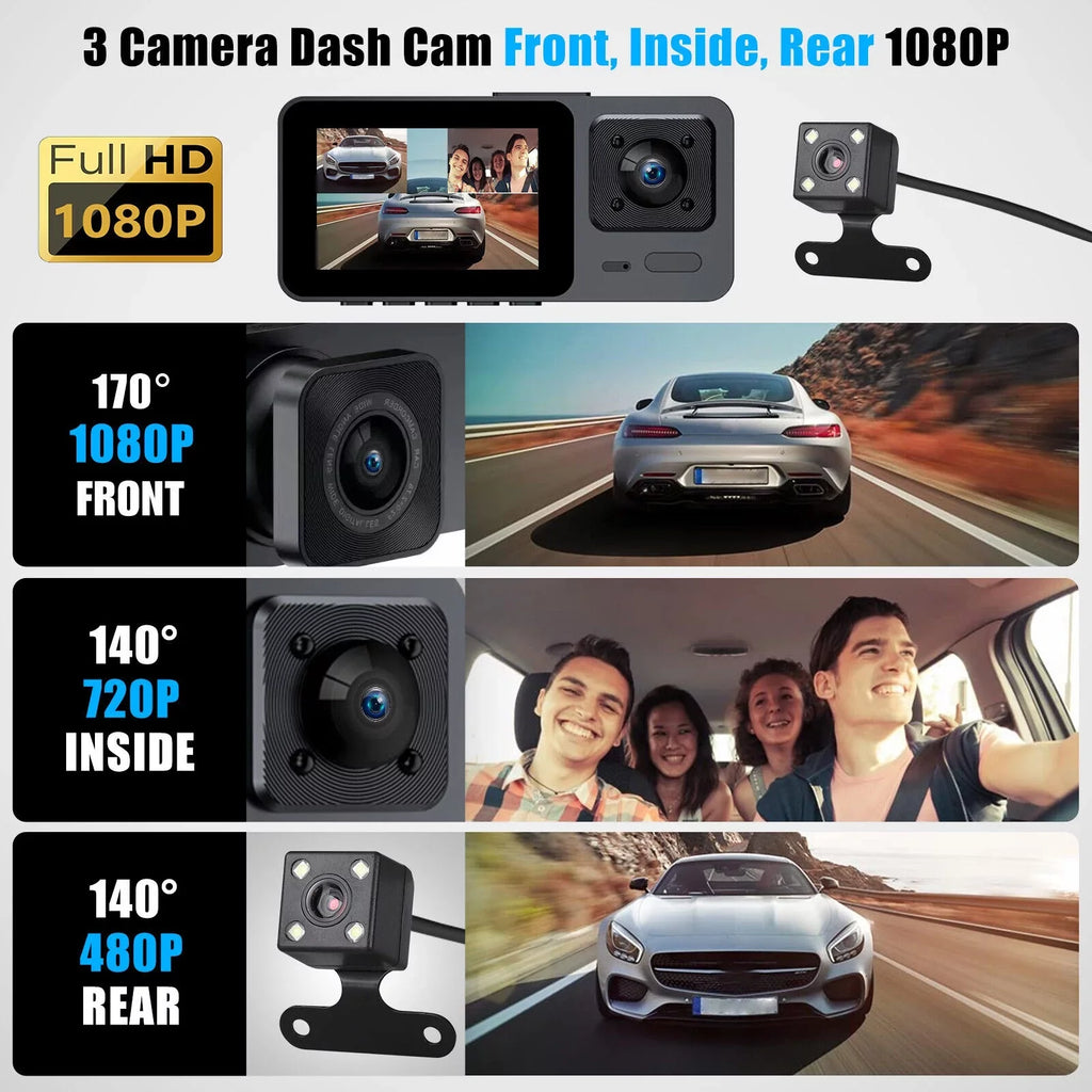 Lens Front Camera Cam 3 Dash Inside Rear Video 1080P DVR G-Sensor Recorder Car