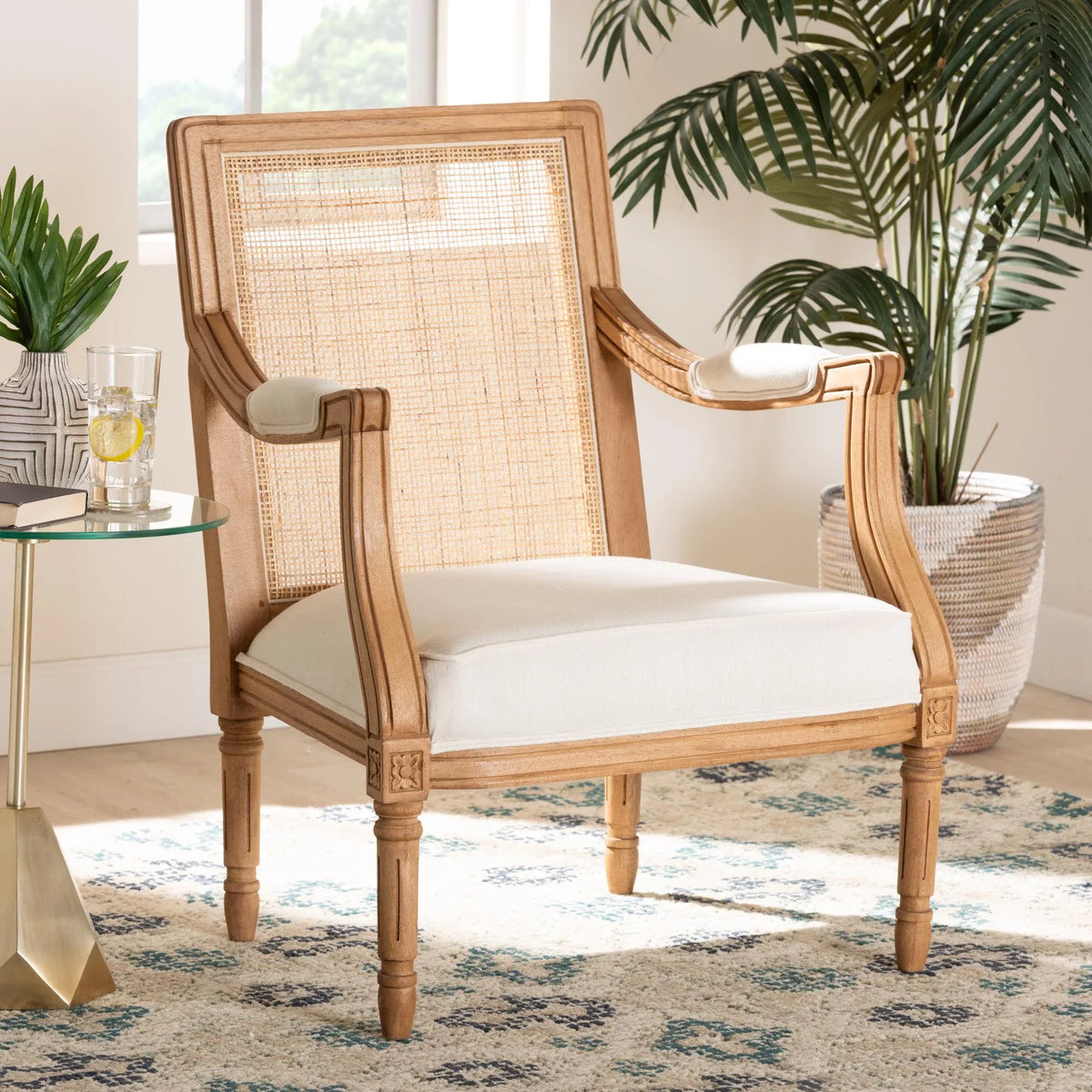 Traditional Wood and Honey Finished Accent Fabric Beige Garridan Baxton Chair French Oak Studio
