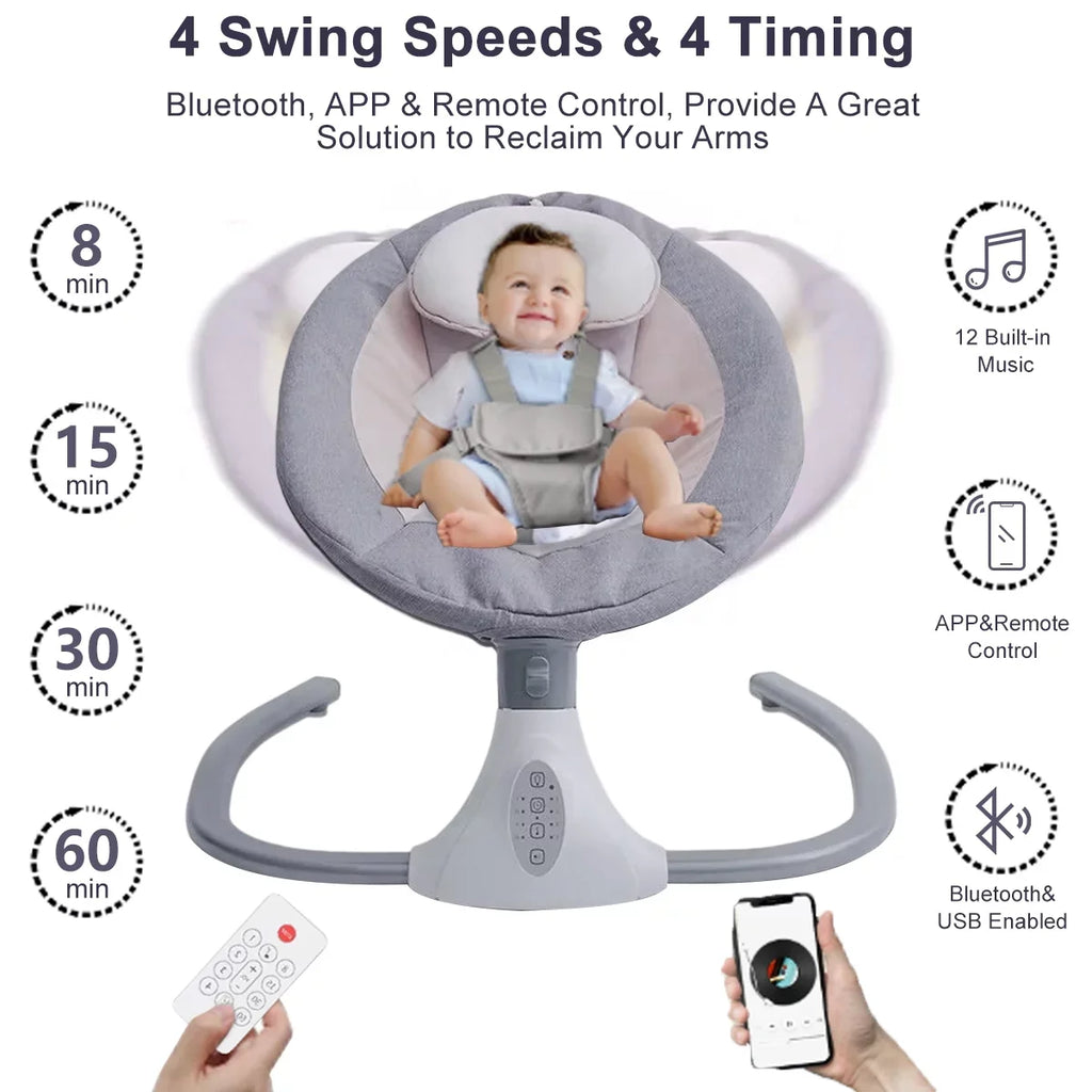 and Seat Baby Swing Control, Swing Electric Chair 4 Gray with Swing Speeds Infant Remote Portable