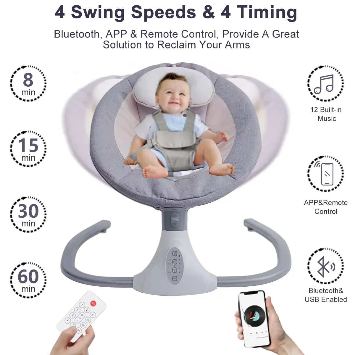 and Seat Baby Swing Control, Swing Electric Chair 4 Gray with Swing Speeds Infant Remote Portable