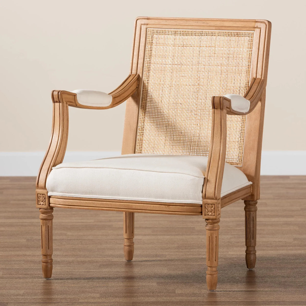 Traditional Wood and Honey Finished Accent Fabric Beige Garridan Baxton Chair French Oak Studio