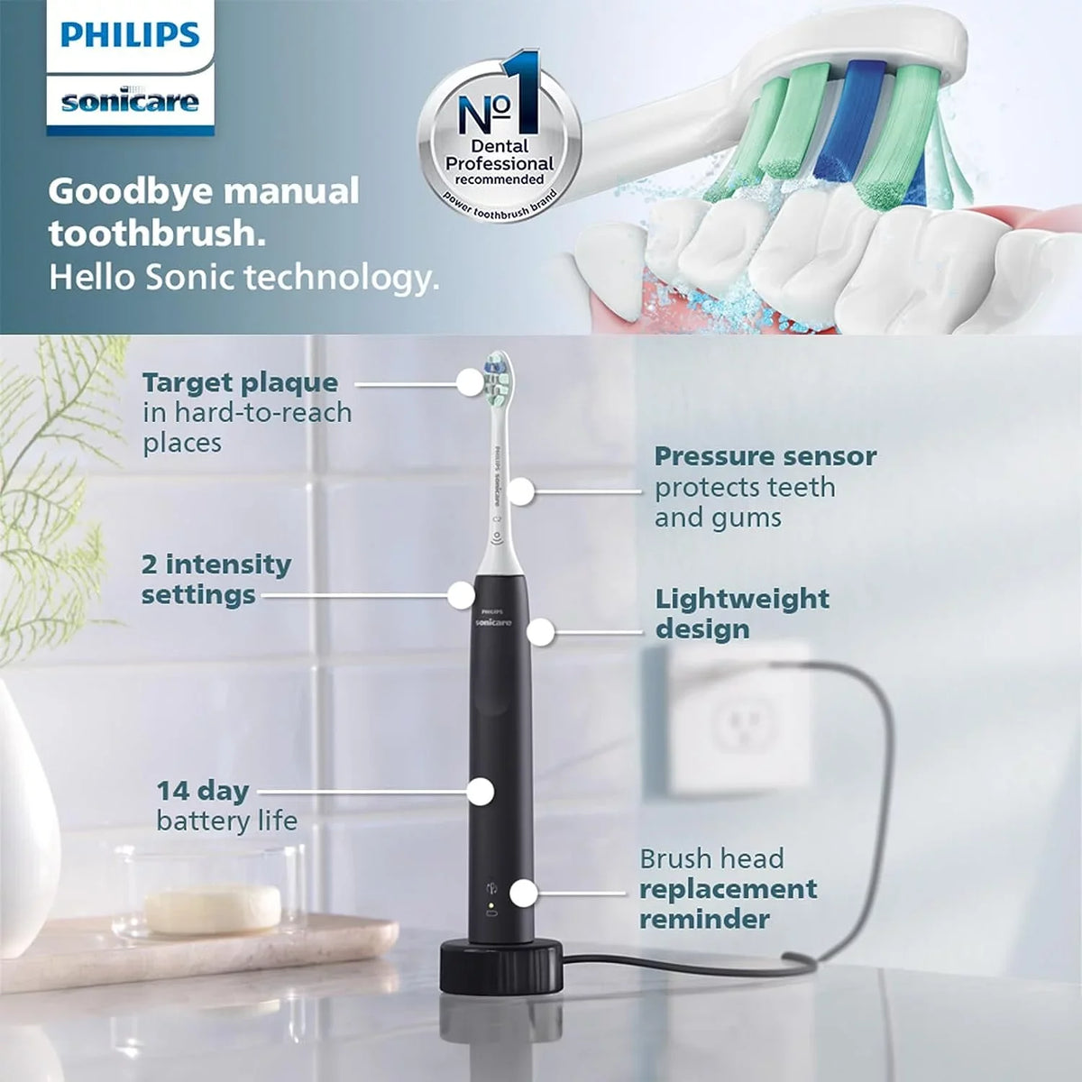 Sensor, Black Electric Sonicare 4100 Toothbrush Rechargeable Philips Pressure Power with Toothbrush,