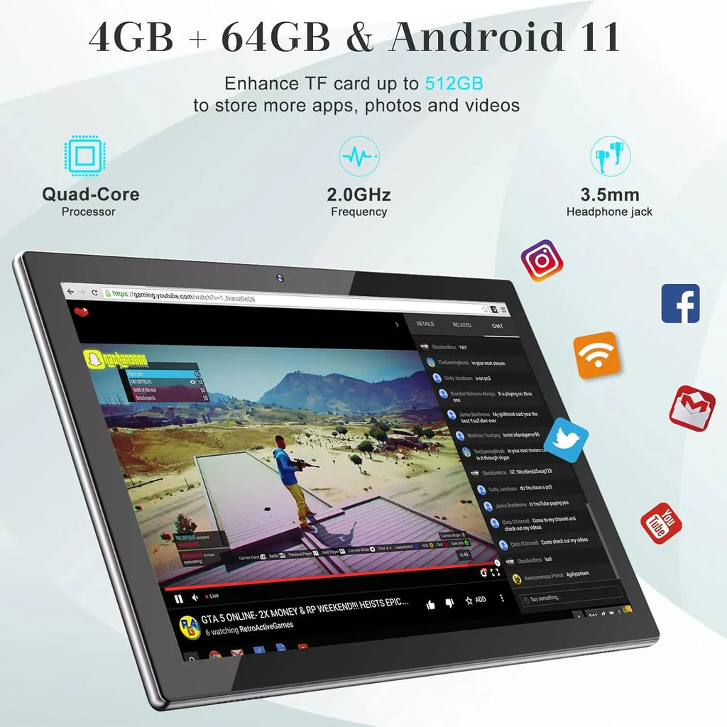 RAM+64GB FHD Film, Tablet, ROM 8MP Inch in Dual with 10" Tablets, Processor, 10.1 4GB Newest Keyboard/Mouse/Case/Stylus/Tempered Android Quad-Core Camera 6000mAh Tab 11 1 PC Tableta 1280*800 2 Battery