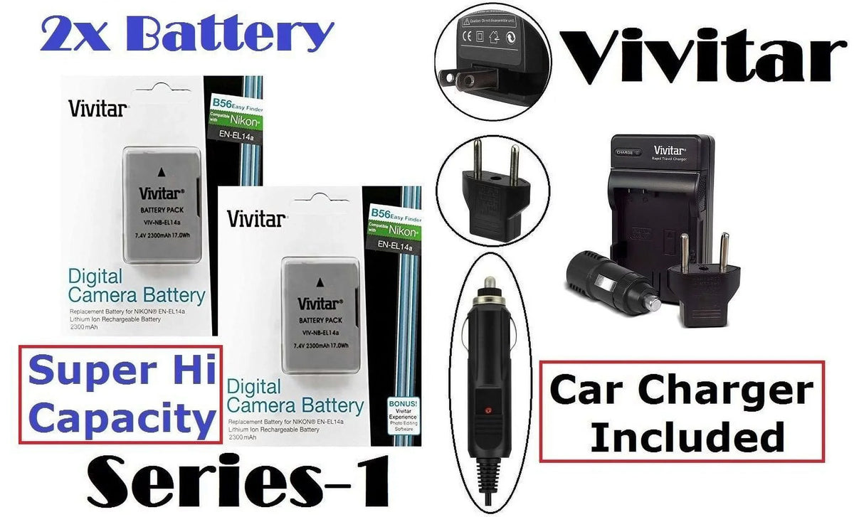 Hi 2-Pc Nikon Vivitar mAh 2300 EN-EL14a Charger For & D3400 Li-Ion Super Battery