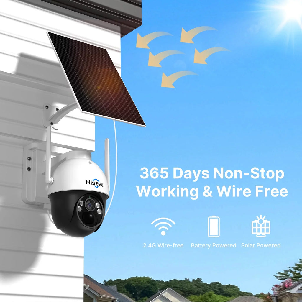 Audio,Color Rechargeable Card zoom,2-Way Solar AI Slot,Smart Wireless Pan/Tilt,8X digital Camera,360 Security Night Vision,Spotlights,SD Detection View Hiseeu Battery 2K/3MP