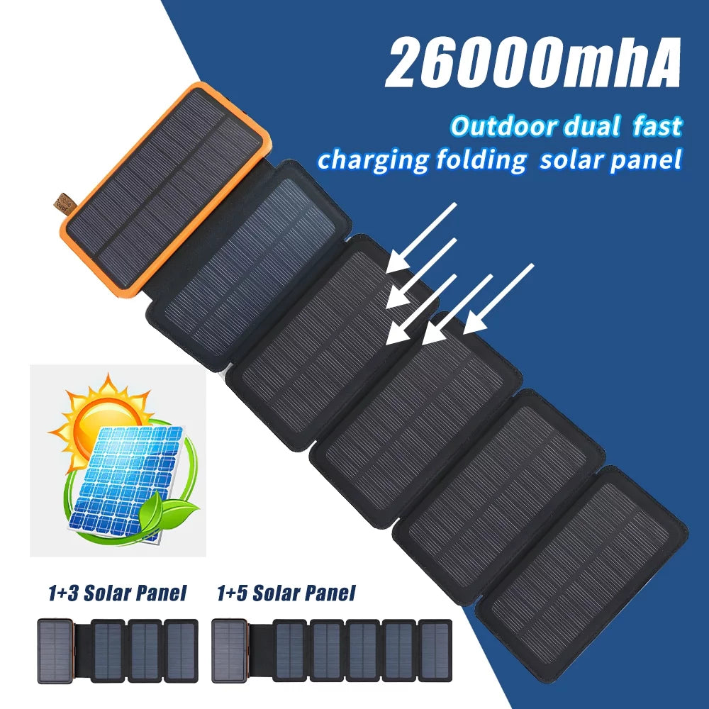 Panel Phone Solar 26000mAh 6 Flashlight Bank Charger Cell For Portable Solar Folding Battery Power External with
