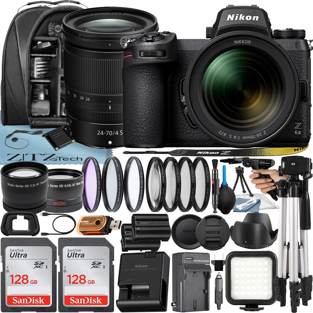2 Nikon II f/4 + Camera Lens + Card ZeeTech 24-70mm NIKKOR Case + 128GB S Z6 Tripod Accessory + Mirrorless Pack Bundle with Z SanDisk