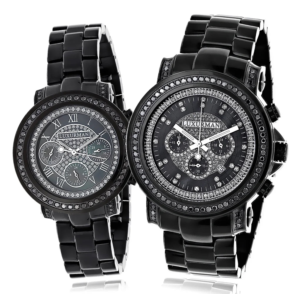 Diamond 5.15ct Hers Black Matching Watches: Set His Watch Large and