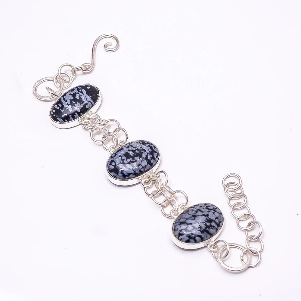 Snowflake Black 925 7.99", B_9205_388_14 Snowflake -Utah Bracelet Silver Obsidian Bracelet Obsidian Plated Adjustable