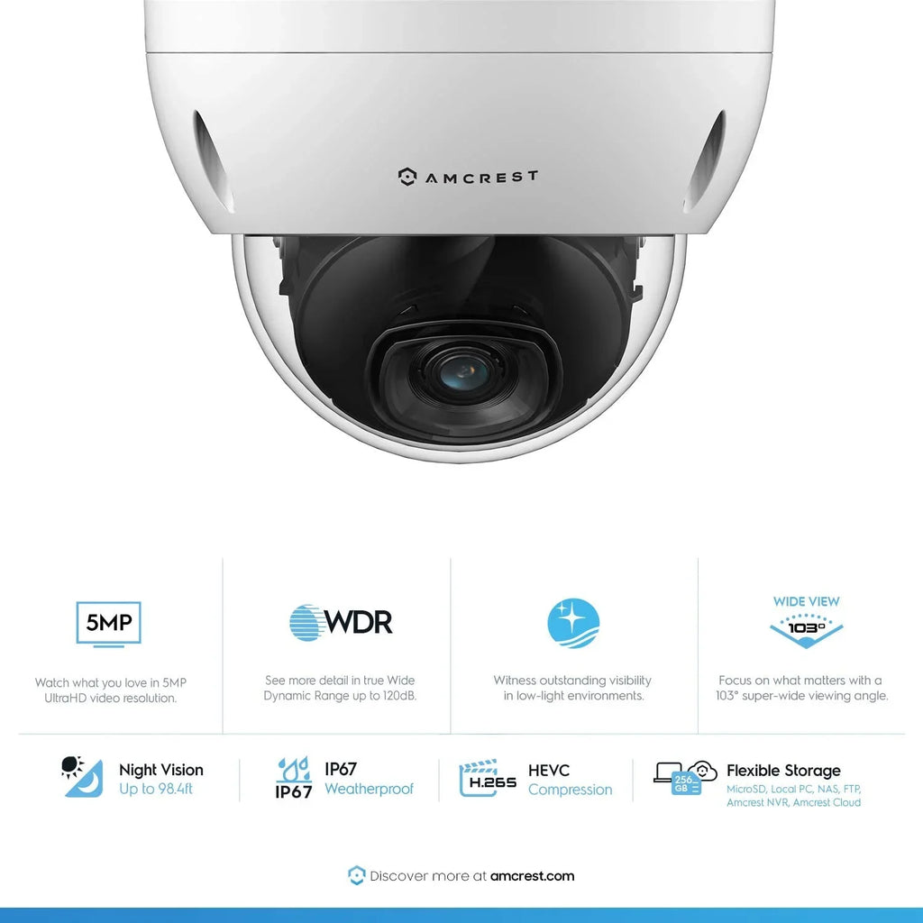 POE POE Amcrest IK10 Night 5-Megapixel, Camera, Vision, Security Dome 2.8mm 98ft. Resistance, IP Cloud, 5MP NVR Lens, (IP5M-D1188EW-28MM) Vandal Camera, IP67, exterior