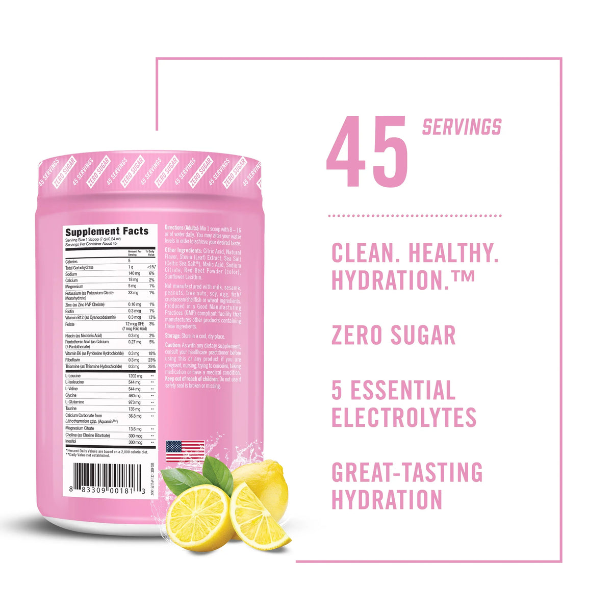 Hydration Tasting Flavor, Tub 45 Sugar Zero Great Servings with Essential per Mix, Lemonade Hydration BioSteel Pink Electrolytes, 5
