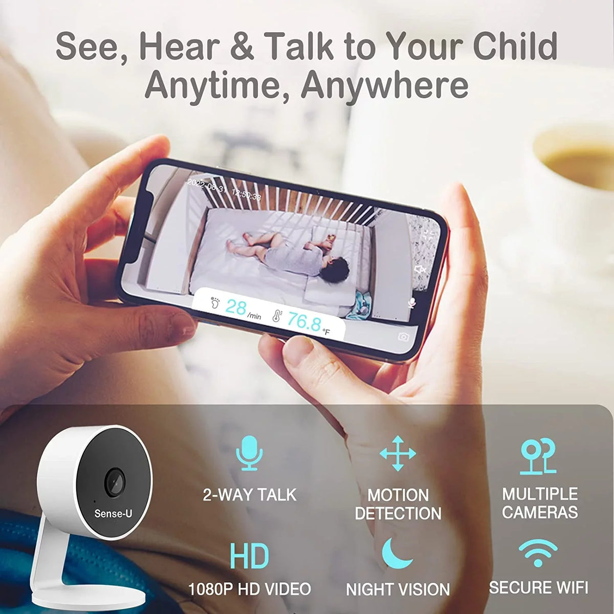 Movement, for No That Detected Motion, 2-Way Night You Baby 3+Camera, Video Vision, High/Low Talk, Rollover, with Monitor Range Temperatures, Notifies Monitor Baby Sense-U Smart Long Audio, Abdominal