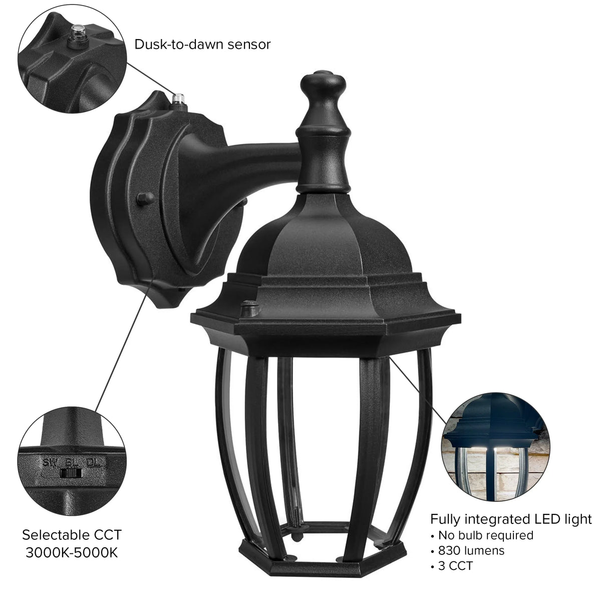 Front Light Coach Lighting Black Clear with LED exterior 3 Dusk to for and - Fixture Lumens, Garage, Light Door Photocell 3000K/4000K/5000K, Glass, Wall 830 Sensor, Porch, CCT Dawn Maxxima