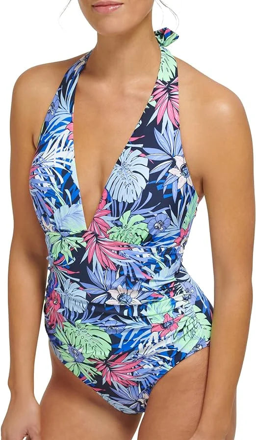 US Standard FLORAL Swimsuit, ALOHA 12 MINT NEO One-Piece Halter Hilfiger Tommy