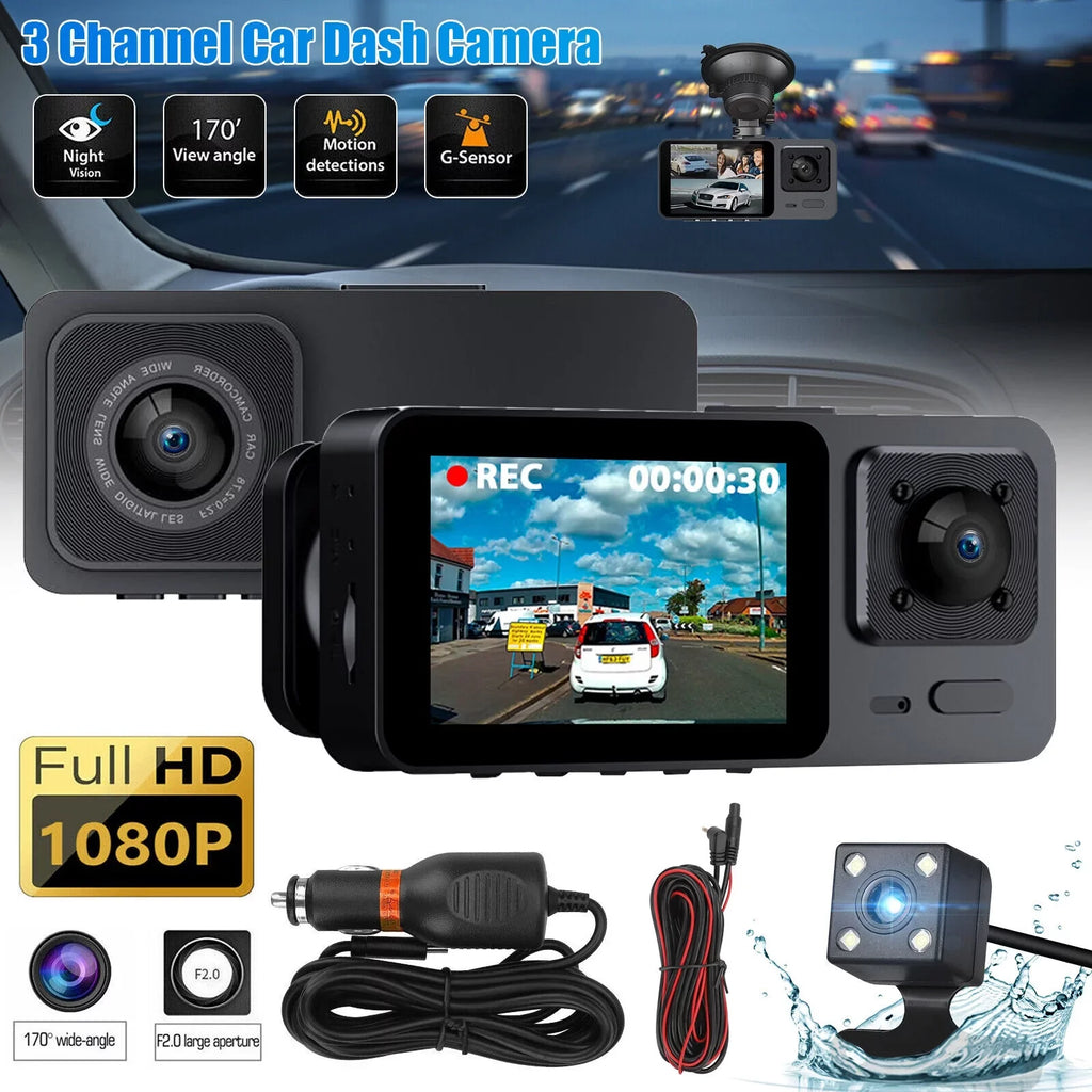 Lens Front Camera Cam 3 Dash Inside Rear Video 1080P DVR G-Sensor Recorder Car