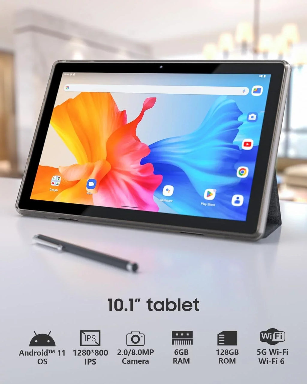 Android Quad Touch 11 Case(Black) HD Leather Expandable 6 Computer IPS RAM Screen, Inch Core 8MP Tablets, Tableta, 6GB Wi-Fi PC, ROM/1TB Tablet with Camera, GMS 128GB Certified 10 BT Tablets 5G
