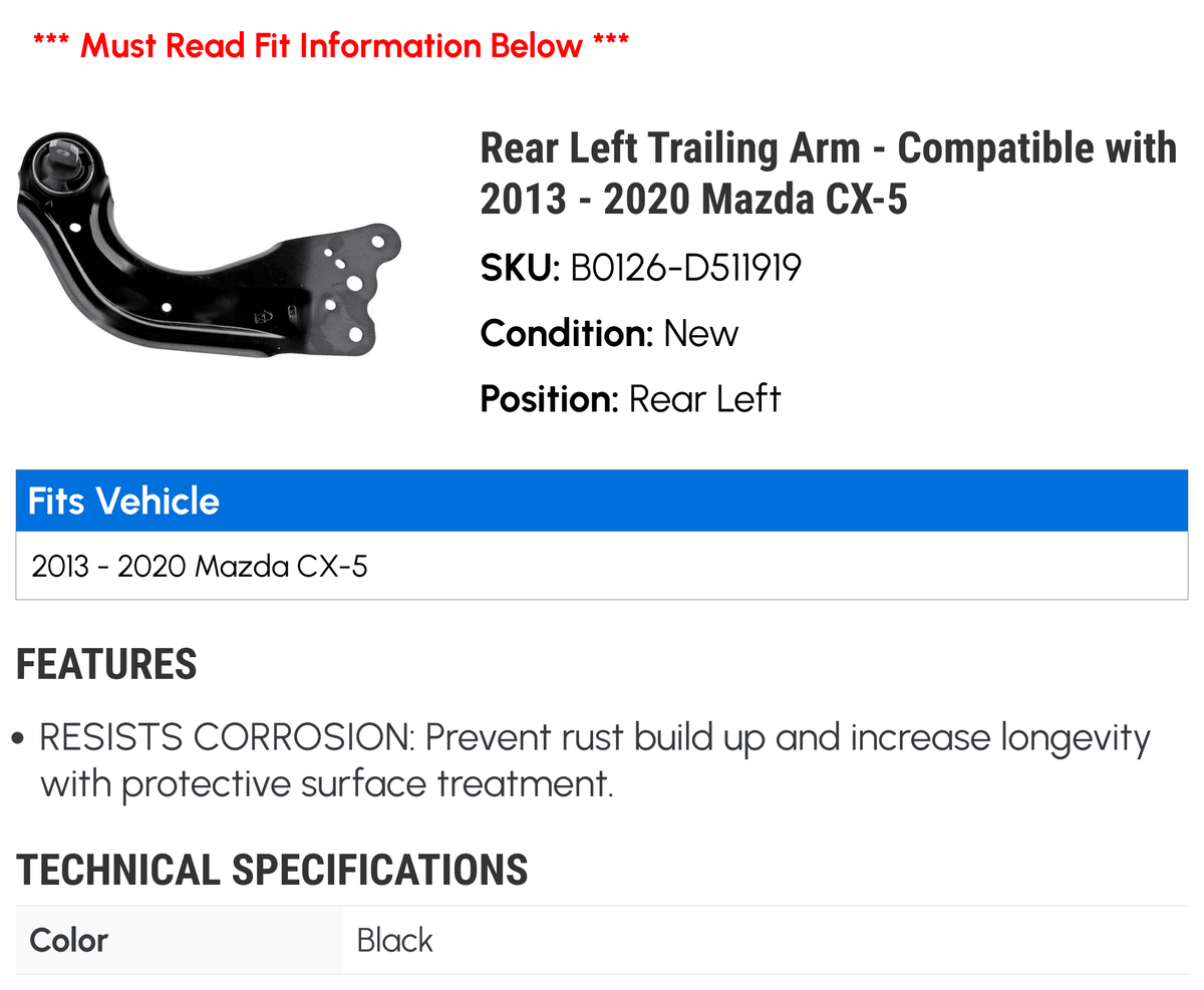 with 2018 Mazda 2014 2017 Trailing Left CX-5 - 2020 2015 2016 Rear 2019 Arm 2013 Compatible -