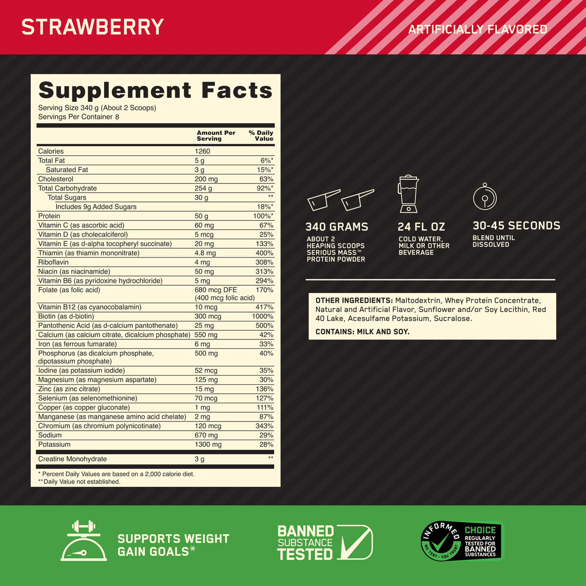 Weight High kg) Serious (2.72 Nutrition Mass, lb Optimum Protein Strawberry, Powder, Gain 6