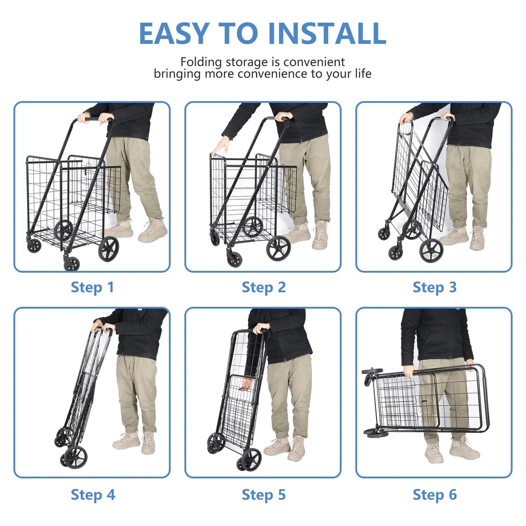 Shopping Utility Grocery Book Black Folding Travel, Cart Wheels for and Laundry Double Basket with ZENY Luggage