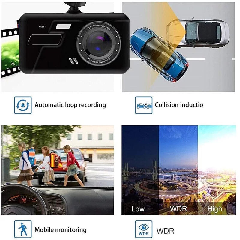 Cam Screen Lens Video Parking Front Motion Camera Dash 1080P DVR G-Sensor, Xhy Dual HD Detection Monitoring Rear 4" Touch Driving Car and and Recorder