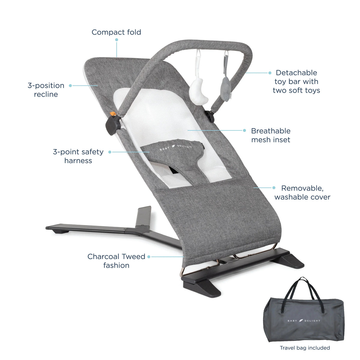 Tweed Charcoal Baby Months, 0-6 Infants Deluxe Baby Bouncer, for Alpine Portable Delight