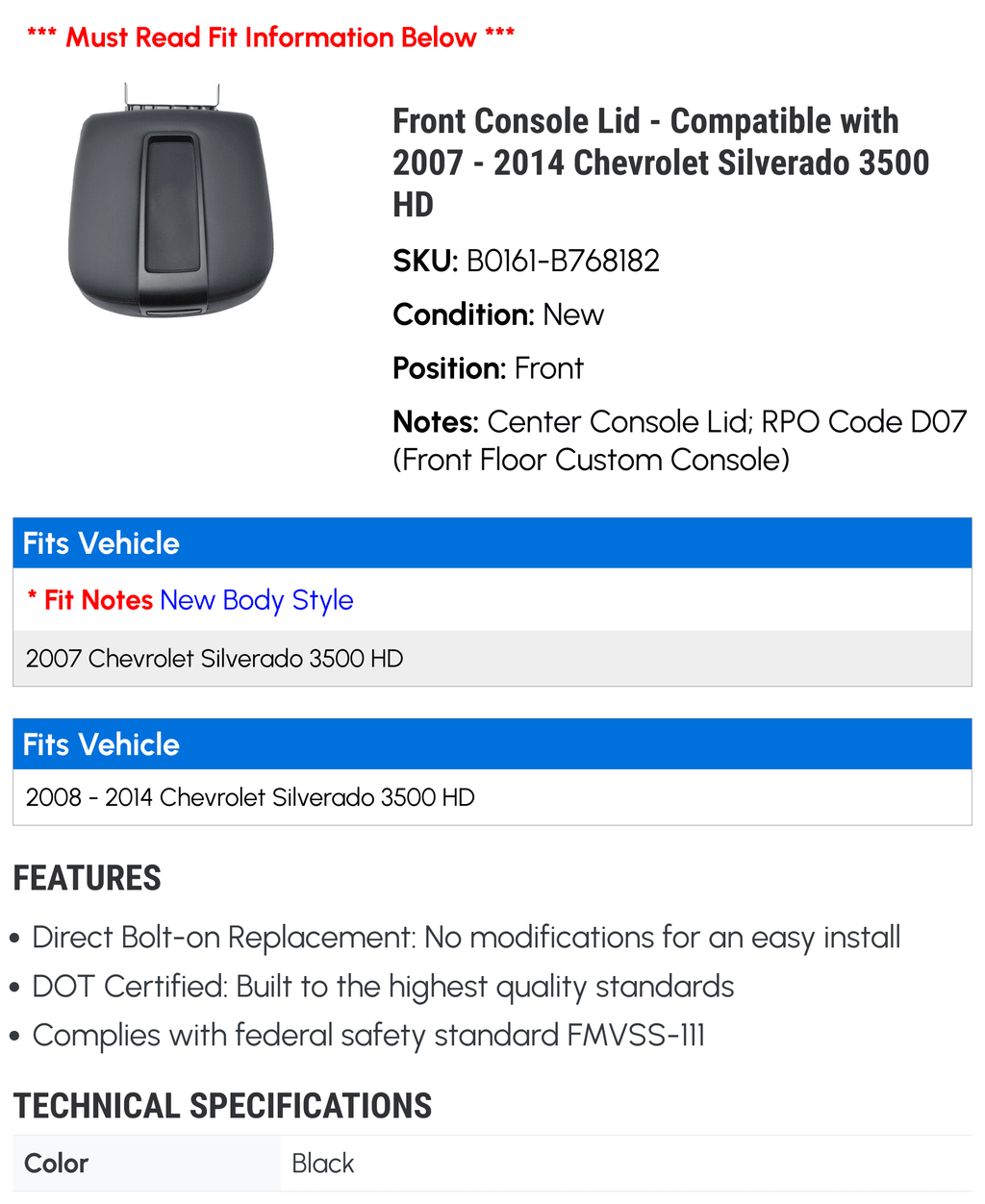 2013 2014 Chevy Compatible 2007 2012 2010 3500 Silverado 2009 Front with 2008 Lid 2011 - HD Console -