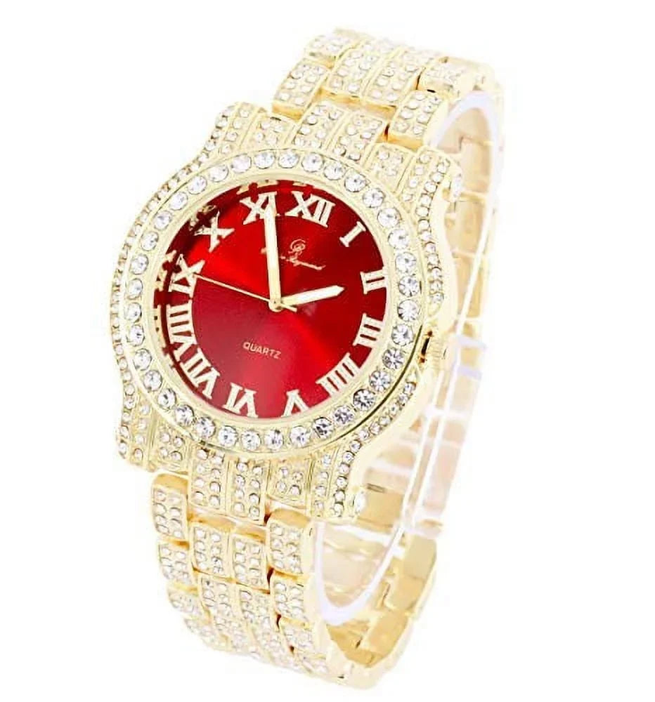 Watch Gold Bracelet w/Bling-ed Design Bling-ed Gold - Round Red Luxury Out Out ZZ Link Mens ZZ Blood L0504RNB